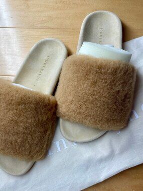 Jenni Kayne Shearling Fur Slide Sandals Slipper Natural Tan Size 37 Slip On NEW